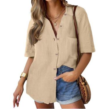 Imagem de Camisa feminina HOTOUCH Button Up, casual, algodão, linho, cáqui, GG