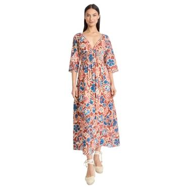 Imagem de The Good Journey Vestido maxi feminino floral gola V manga 3/4 evasê - vestidos de voile de algodão boêmio para convidados de casamento, Ferrugem/azul-petróleo, 38