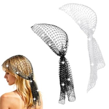 Imagem de 2pc Lenço de Cabeça Strass, Cachecol de Cabelo Malha Glitter Turbante Estilo Discoteca Anos 1920 para Mulheres Enfeite Cabeça Carnaval (Preto, Branco)