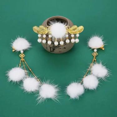 Imagem de Hanfu Hairball Bonito Headdress Feminino Antigo Pelúcia Borla Grampos de Cabelo Inverno Infantil Hanfu Acessórios Conjunto