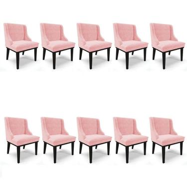 Imagem de Kit 10 Cadeiras Estofadas para Sala de Jantar Base Fixa de Madeira Preto Lia Suede Rosa bebê - Ibiza