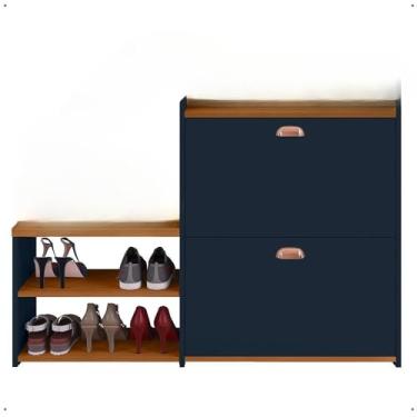Imagem de Sapateira Organizadora Com Banco Integrado - 2 Portas Basculantes E Puxador Concha Milano Para Hall De Entrada, Quarto E Closet - Assento PráTico Para Vestir Sapatos(Azul/Cedro)