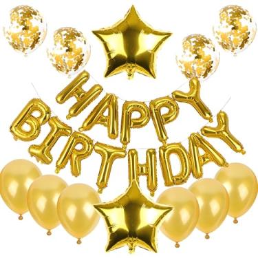 Imagem de Dreuyet Balões de bandeira de feliz aniversário, letra de alumínio de 40,6 cm, decoração de festa inflável de cinco pontas de 45,7 cm, decorações de aniversário para mulheres, homens, meninos e