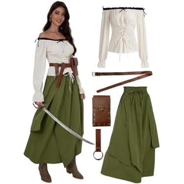 Imagem de YEJINCUN Fantasia renascentista feminina 5 pçs/conjuntos de blusas camponesas saia longa pirata acessórios viking medieval fantasias de Halloween, Bege e verde, XX-Large