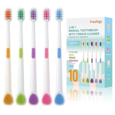 Imagem de Fresings Pacote familiar de escova de dentes ultramacia, pacote com 10 para adultos e crianças – Cuidados com gengivas sensíveis com raspador de língua 2 em 1, embalado individualmente para viagens