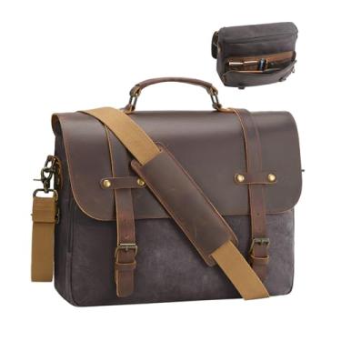Imagem de Bolsa mensageiro masculina, de lona encerada, para laptop, computador, 40 cm, vintage, de couro legítimo, à prova d'água, bolsa de ombro para trabalho/escritório/negócios