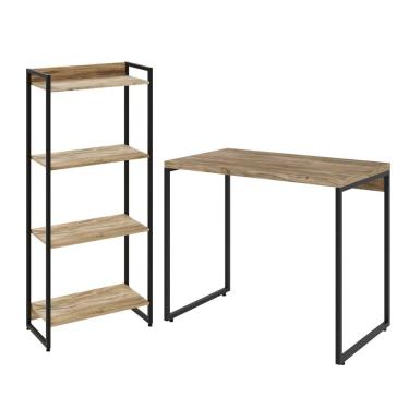Imagem de Kit Para Escritório Estante Areta 4 Prateleiras Mesa Industrial Aspen 90cm C01 Carvalho - Lyam Decor