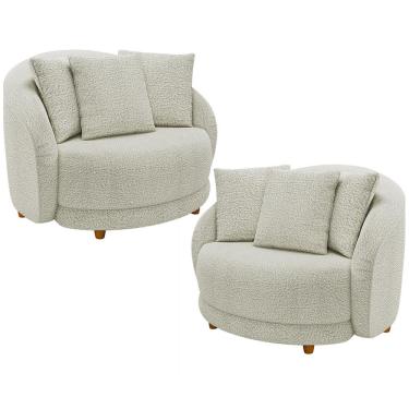 Imagem de Kit 02 Poltronas Decorativa Sala De Estar Base Fixa De Madeira Witta M03 Bouclê Bege Claro - Lyam Decor