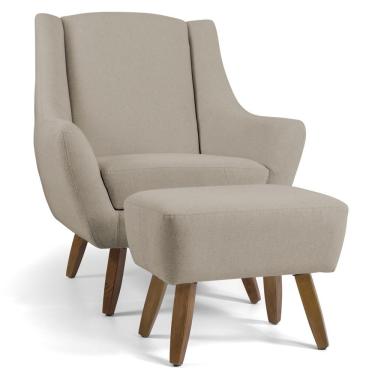 Imagem de Poltrona Decorativa Fixa com Puff Pés de Madeira Juliet D02 Linho Bege C-129 - Lyam Decor