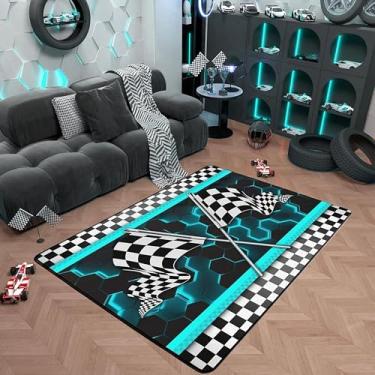 Imagem de Tapete com luzes neon azul-petróleo, 9,5 x 1,5 m, tapete decorativo com bandeira de carro de corrida para meninas, mulheres, homens, adolescentes, geométrico, hexagonal, quadriculado, xadrez, para