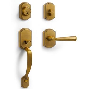 Imagem de SORWDUERM Conjunto com 1 puxador de porta frontal de latão antigo e fechadura reversível com fechadura e chave de cilindro único