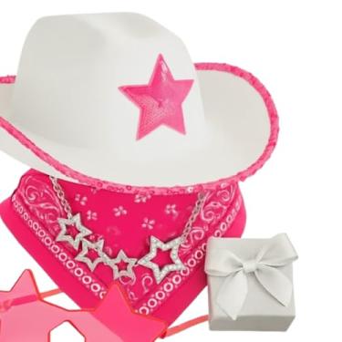 Imagem de Conjunto de acessórios de fantasia de vaqueira – chapéu de cowboy branco com estrela rosa, óculos de sol rosa, bandana, colar de zircônia cúbica de estrela prateada, caixa de presente – roupa