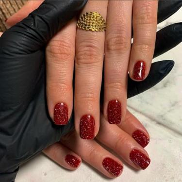 Imagem de KXAMELIE Unhas Postiças De Acrílico Com Glitter Vermelho, Curtas, Quadradas E Brilhantes, Para Mulheres, Cola Brilhante Designs Glam, 24 Peças
