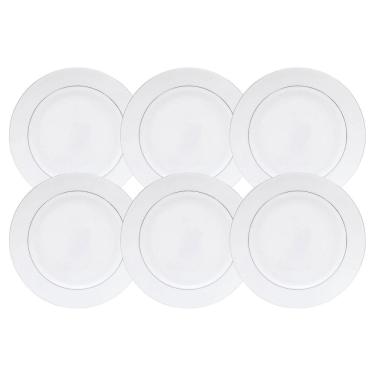 Imagem de Jogo De Pratos Fundo Kit 6Pcs 21Cm Borda Prata Mônaco Branco