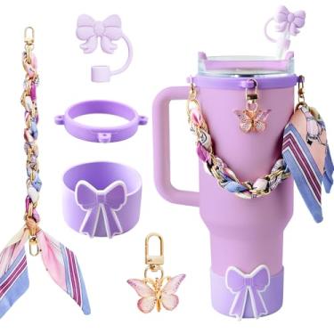 Imagem de 5 peças de acessórios de copo borboleta para Stanley, alça de alça de garrafa de água para Stanley 30/1,134 g, incluindo protetores de palha, bota de copo de silicone, pingentes de chaveiro, decoração