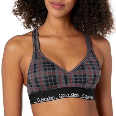 Imagem de Calvin Klein Sutiã feminino moderno de algodão levemente forrado sem fio, Xadrez escocês + carvão/tomate seco, G
