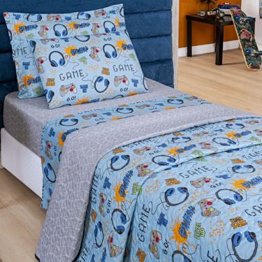 Imagem de Kit 5 Peças Fantasy = Colcha Solteiro Infantil + Jogo de Lençol - Games Azul