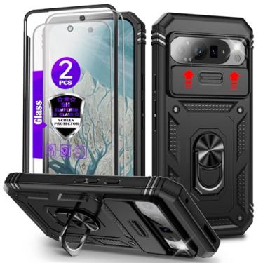Imagem de Capa para Pixel 9 Pro XL com capa deslizante para câmera, 2 películas de vidro temperado, suporte de anel giratório de 360°, capa protetora de grau militar para Google Pixel 9 Pro XL 6,8 polegadas