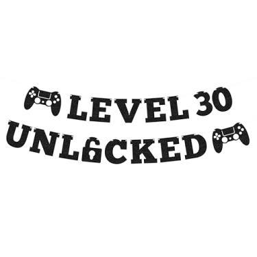 Imagem de Banner pré-amarrado nível 30 desbloqueado - decorações de feliz aniversário de 30 anos com glitter preto para mulheres e homens, adereços de cabine de fotos