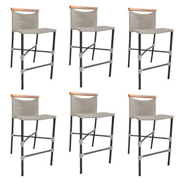 Imagem de Kit 6 Banquetas Em Corda Náutica Base Em Alumínio Preta Com Detalhe Em Madeira Areia Bege