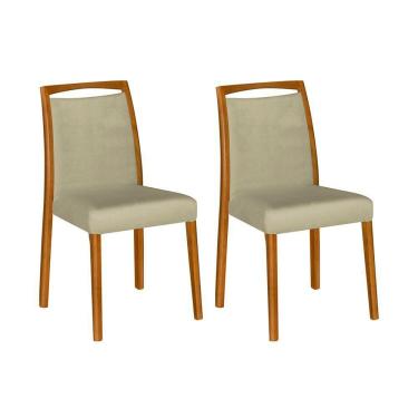 Imagem de Kit 2 Cadeiras De Jantar Luxo Estofadas Jade Veludo Bege Base Madeira Maciça Mel