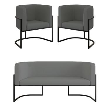 Imagem de Kit 2 Poltronas Sofá 2 Lugares Base De Metal Black Veludo Cinza