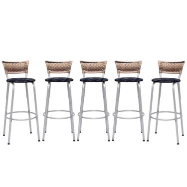 Imagem de Banqueta Altas Junco Cappuccino Estrutura Prata 70cm Para Balcão Cozinha, Bar, Bistrô, Americano Kit 05 Unidades - Itagold (Floral Preto)
