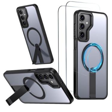 Imagem de Capa para Samsung Galaxy A17 e A16 Capinha - Compatível com MagSafe, com protetor de ecrã temperado de 2 peças, estojo ultrafino resistente a choques e quedas com suporte ajustável - Preto