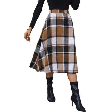 Imagem de Saia Pemieer xadrez de lã em linha A de cintura alta para mulheres