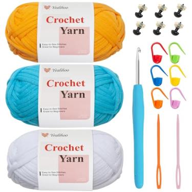 Imagem de Fio de crochê fácil para iniciantes, kit de crochê Amigurumi de dinossauro, pacote com 3 fios para iniciantes de 51 g para crochê e tricô, grosso e macio, tutoriais em vídeo, pontos fáceis de ver