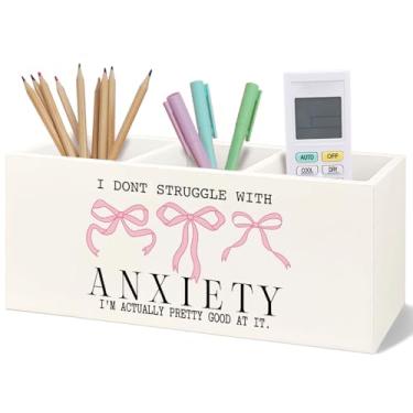 Imagem de Yhtrg Porta-lápis de madeira para mesa, presentes antiansiedade, laço rosa, ansiedade, saúde mental, madeira, maquiagem, escova de dentes, organizador para banheiro