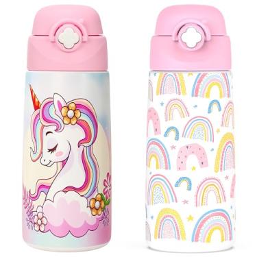 Imagem de Ntswasd Garrafa de água isolada para meninas com canudo pop-up coberto, copos infantis de 473 ml com aço inoxidável à prova de vazamento para escola (pacote com 2, unicórnio + multicor rosa)