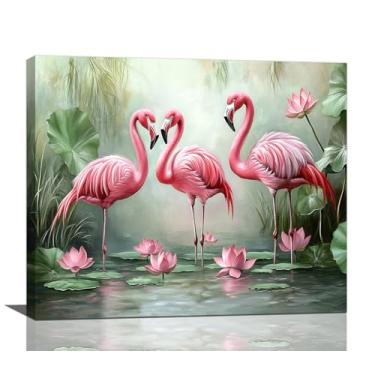 Imagem de Decoração de parede de flamingo, arte de parede abstrata de flamingo, impressão em tela de vida selvagem tropical para banheiro, sala de estar, quarto, escritório, emoldurado, 61 cm x 50 cm