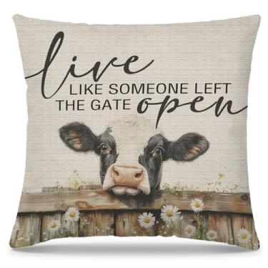 Imagem de PUHEI Capas de almofada Live Like Someone Left The Gate Open Cows 45,7 x 45,7 cm, capas de almofada de animais rústicas para quarto, sofá, quarto, casa, presentes para mulheres, animais de fazenda