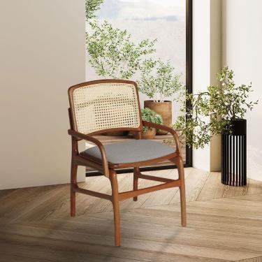 Imagem de Cadeira De Jantar Florença Madeira Jequitibá Terra Com Braço Linho - Cinza E Encosto De Palha