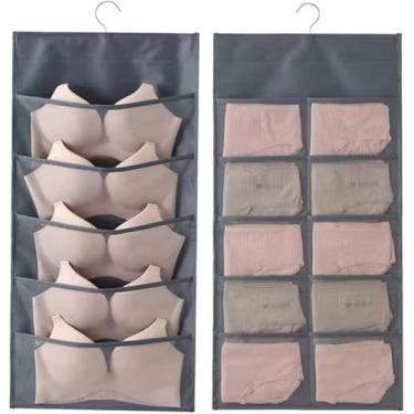 Imagem de Organizador cinza 2 em 1 para pendurar sutiã e calcinha frontal, 5 bolsos grandes e traseiro, 10 compartimentos pequenos, solução de armazenamento de roupa íntima montável na parede do armário