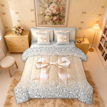 Imagem de Conjunto de edredom de 7 peças com laço de champanhe, conjunto de cama casal em uma bolsa, lindo laço de fita cinza com glitter diamante, conjunto de lençol e edredom de princesa sonhadora, conjunto