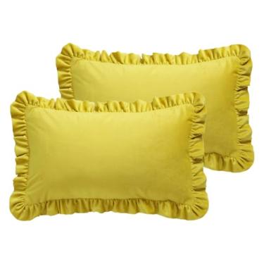 Imagem de bilin gaier Capas de almofada retangulares amarelo limão 30,5 x 50,8 cm, conjunto de 2, capa de almofada francesa de veludo com babados, resistente e durável para sofá, cama, sala de estar ou carro