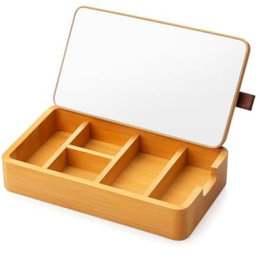 Imagem de Organizador de Joias em Bambu, Caixa com Divisórias para Anéis, Brincos e Maquiagem, Porta Treco com Espelho, Armazenamento Multifuncional