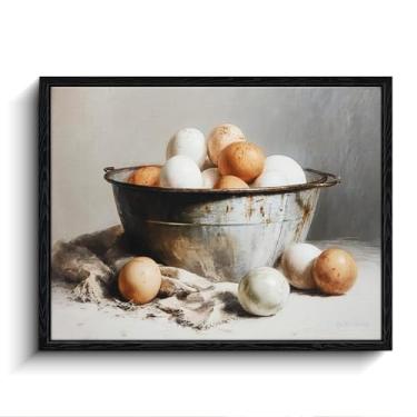 Imagem de Arte de parede Egg Still Life, tigela de metal rústica, decoração de parede de casa de fazenda, impressão em tela emoldurada laminada, pôster de cozinha, para presente de jantar de cozinha, 38 x 30 cm
