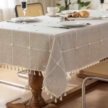 Imagem de Toalha de mesa retangular boho grade com borlas 132 x 187 cm, capa de mesa bordada, caramelo claro, pesada, aparência de linho, xadrez de casa de fazenda, resistente à água, piquenique, cozinha