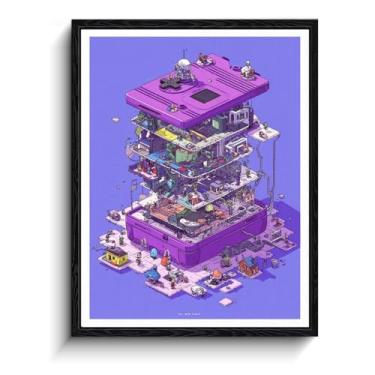 Imagem de Arte de parede de console retrô, corte isométrico, decoração de parede de jogos, impressão em tela emoldurada em papel laminado, arte de pôster de jogos, para presente de gamer de sala de jogos, 30 x