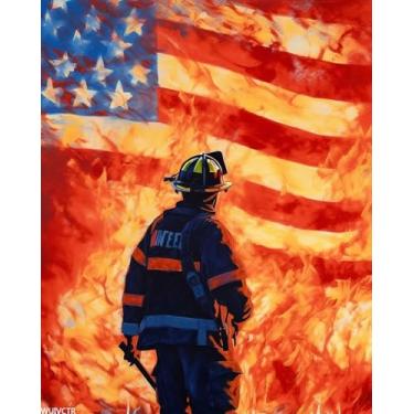 Imagem de WUIVCTR Pintura por números para adultos 40,6 x 50,8 cm, kits de pintura por números em tela, faça você mesmo, pintura a óleo por números para bombeiros adultos, caminhão de bombeiros, bandeira