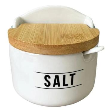 Imagem de 2X Saleiro De Mesa Em Porcelana Com Colher E Tampa De Bambu