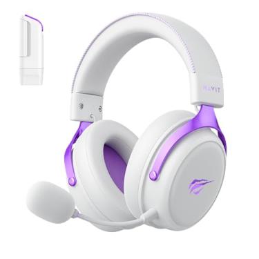 Imagem de Havit Headphone Fone de Ouvido H2015YG White Purple, Quad-Mode, Sem Fio e Com Fio, Wireless 2.4GHz, Bluetooth, USB, 3,5mm, Gamer, com Microfone Destacável, Falante 53mm, Branco e Roxo