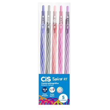 Imagem de Caneta Esferográfica CIS Spiro RT 0.7mm – Estojo com 5 unidades (Azul, Preta, Vermelha, Rosa e Roxa) - Retrátil, Ponta Agulha, Escrita Suave