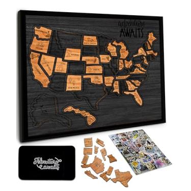 Imagem de flinelife Mapa de viagem de marcos dos EUA, 30 x 25 cm, quebra-cabeça de madeira com mapa dos EUA, perfeito para casais e famílias de presente