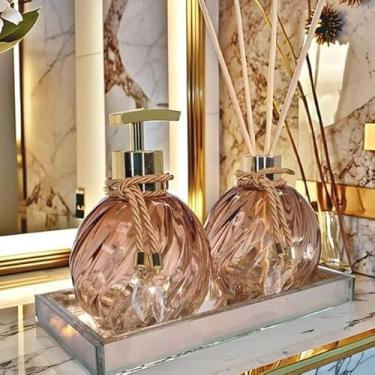 Imagem de Kit Lavabo Decorativo Vidro 300ml Completo com Saboneteira Difusor e Bandeja Luxo Para Banheiro(Ambar C/Dourado,Com Bandeja)