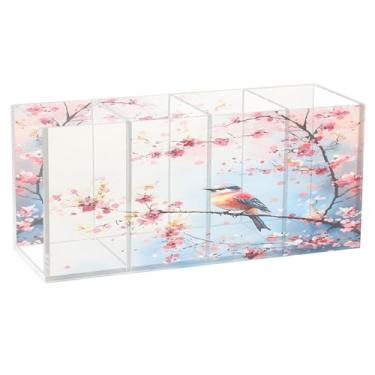 Imagem de SEHANY Lindo porta-canetas de acrílico com flores em aquarela, pássaro, 4 compartimentos, porta-lápis transparente, organizador de pincéis de maquiagem, organizador de papelaria para escritório, casa