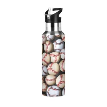 Imagem de ATTX Garrafa de água de aço inoxidável de 590 ml com canudo com estampa de bolas de beisebol, garrafa de água esportiva sem BPA para academia, trabalho, atividades ao ar livre e viagens #92